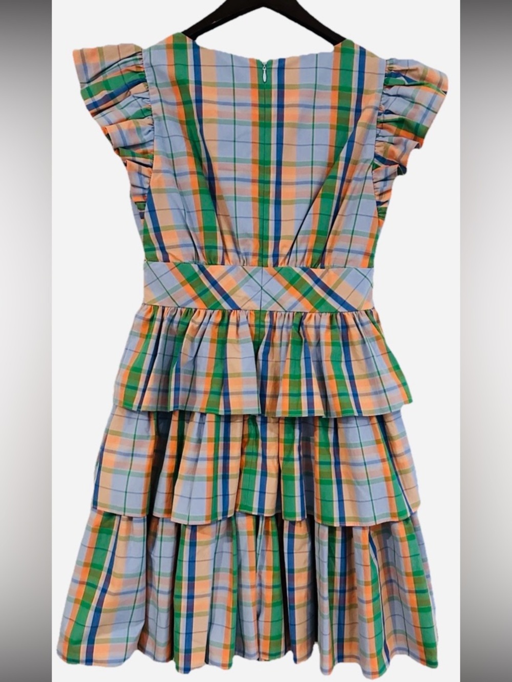 Kate Spade Pastel Plaid Tiered Ruffle Dress in Blue, Peach, Green Size 4 - Picture 6 of 13
